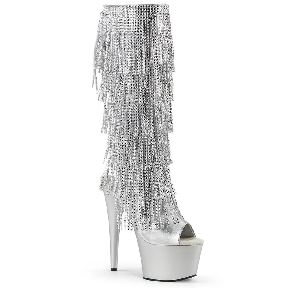 Pleaser Adore 2024RSF Silver Fringe Knee High Boots